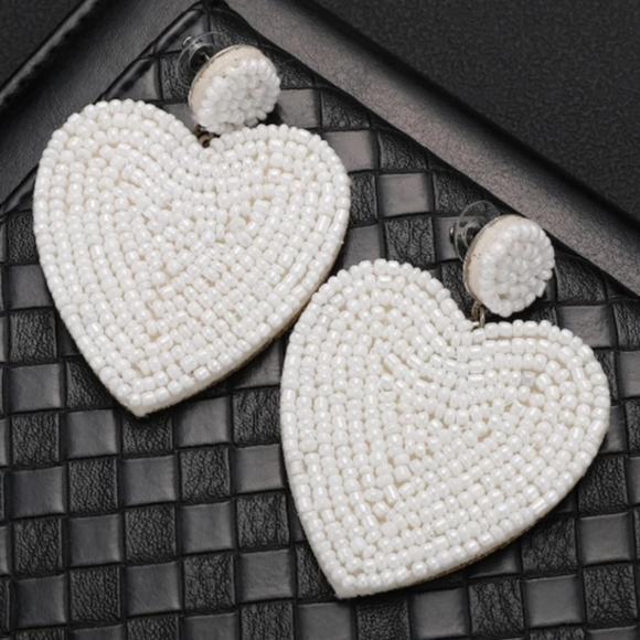 Handmade Large White Heart Beaded Earrings Bead Hearts Statement Jewelry New - Picture 4 of 8
